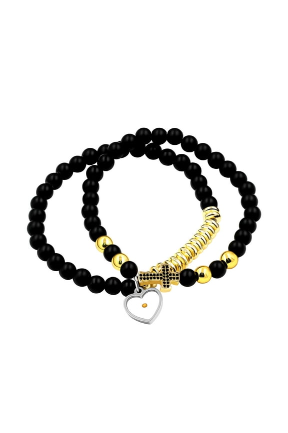 6mm Multilayer Bead Bracelet, Side Cross Bracelets with Charms Mustard Seed, Unisex Gold Black Stacking Beaded Strand Cuff Bangles Set(Gold)