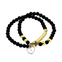Uloveido 6mm Multilayer Bead Bracelet, Side Cross Bracelets with Charms Mustard Seed, Unisex Gold Black Stacking Beaded Strand Cuff Bangles Set(Gold)