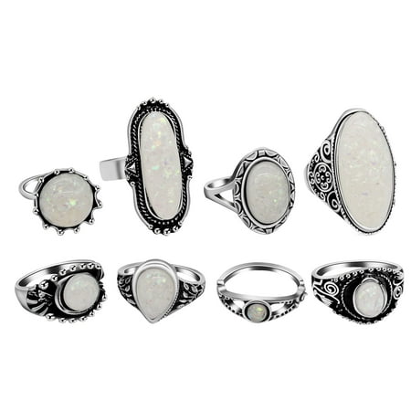 Uloveido 8 Pieces Opal and Turquoise Joint Knuckle Rings Set Antic Black Statement Rings Vintage Jewelry for Women Y599