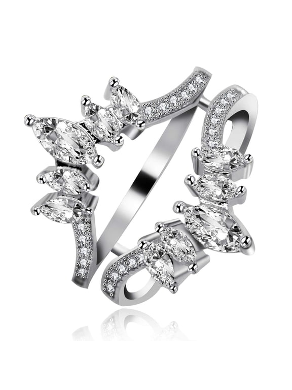 925 Sterling Silver Marquise Cut Clear Cubic Zirconia Crown Wedding Rings Guard Enhancer For Solitaire Heart Anniversary Ring Y530 (Size 7)