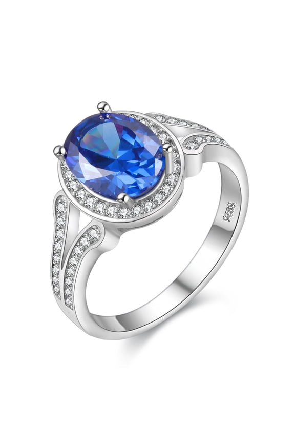 925 Sterling Silver Oval Cut Blue Spinel Halo Split Shank Ring Wedding Promise for Women (size 6)