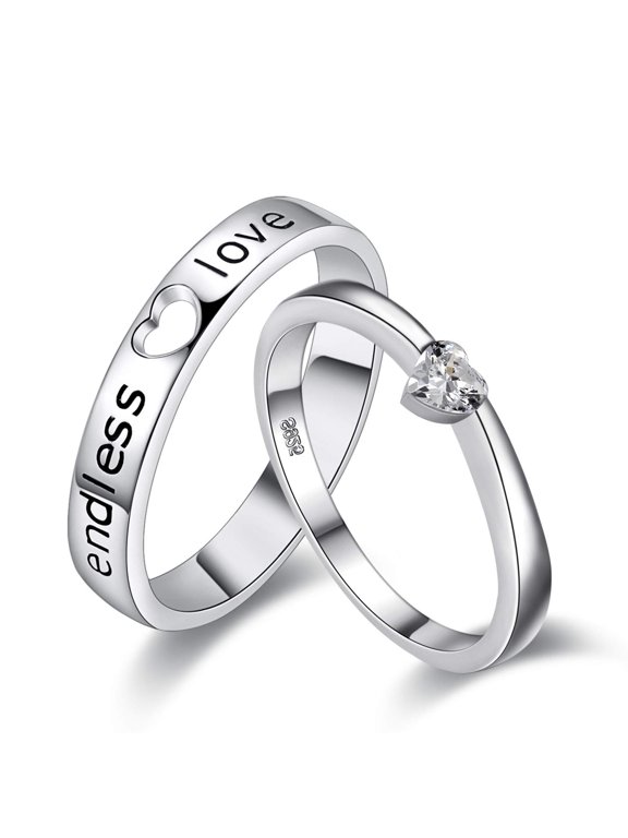 A Pair of His and Hers Engagement Wedding Bands Ring Set for Him and Her Charm Endless Love Heart Crystal Rhinestone Puzzle Matching Anniversary Rings Set for Men Women J205
