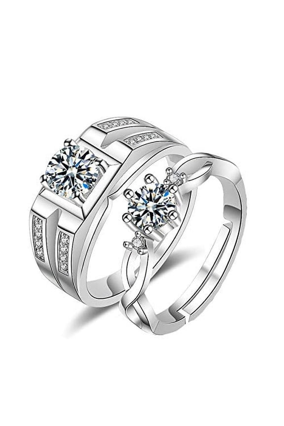 A Pair of Wedding Ring Set for Couples, 6 Prongs Solitaire Infinity Rings Engagement for Women, Zircon Wedding Bands for Men Y850-Silver