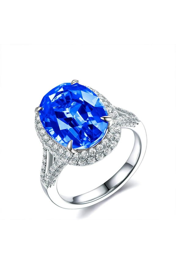Adjustable Silver Color Blue Zircon Oval Rings, Crystal Split Shank Halo Ring Wedding Engagement Jewelry for Women Y927-Blue…