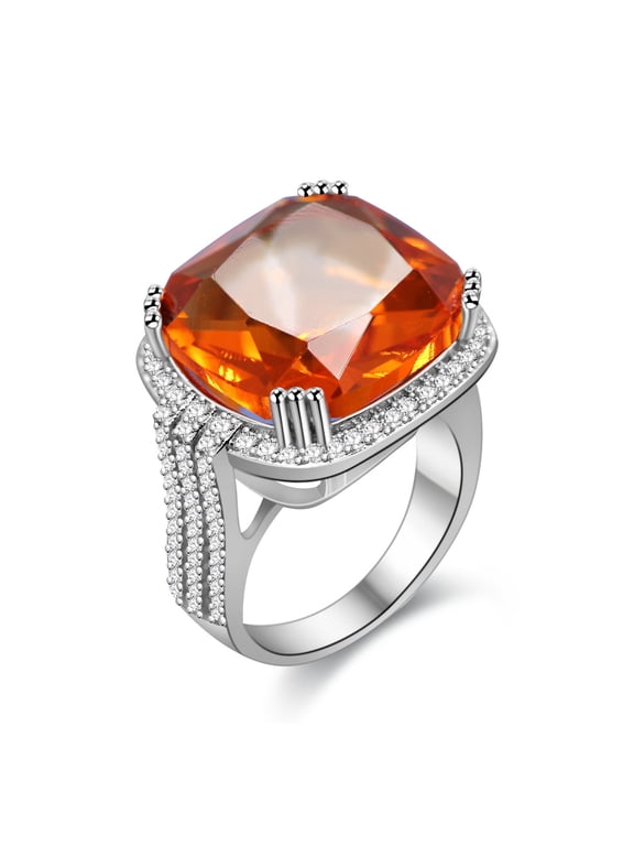 Adjustable Size Big Square Orange Stone Crystal Cocktail Ring for Women RA219