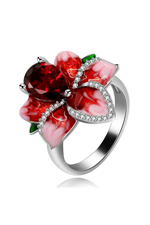 Beautiful Red Enamel Rose Ring for Women Blossom Flower Rings with Pear Cut CZ Cocktail Summer Ring (Size 6) RA627