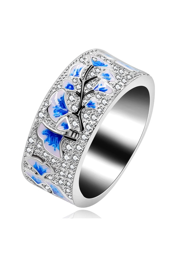 Beautiful Women's Ginkgo Leaf Autumn Ring, Blue Enamel Ring, Cubic Zirconia CZ Art Deco Ring for Women Y538 (Size 6)
