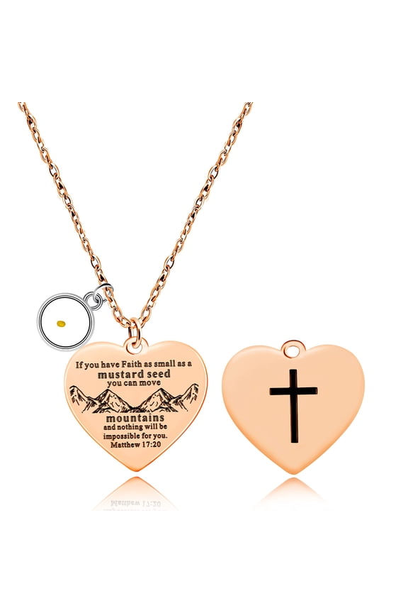 Cross Necklace Pendant, Rose Gold Round, Faith as Small as Mustard Seed, 925 Sterling, Includes Gift Bag