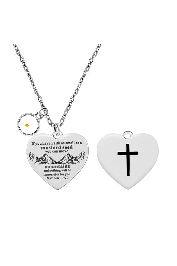 Bible Verse Cross Pendant Mountain Faith Necklace Charm Christian Lord's Prayer Mustard Seed Religious Jewelry for Women (Steel, Round)