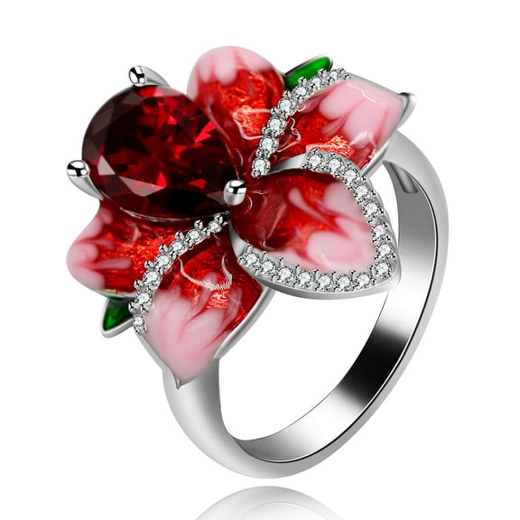 Uloveido Big Crystal Blooming Rose Flower Statement Ring Red Enamel Summer Rings With Green Leaf Pear Cut CZ Rings for Women (Size 7) RA627