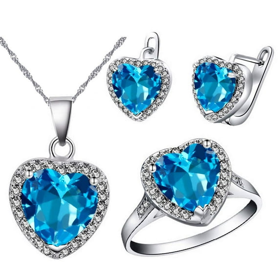 Uloveido Big Heart Blue Topaz Chocker Necklace Studs Earrings Halo Anniversary Rings Jewelry Set for Women Bridal Wedding T481
