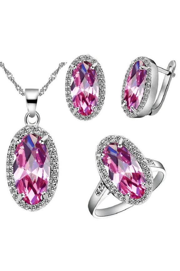 Big Oval Shape Crystal Drop Pendant Necklace, Earrings and Rings Wedding Jewelry Set for Bridal Women Birthday Anniversary T482 (Pink, 6)