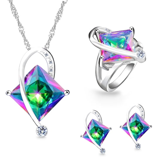 Uloveido Big Square Rainbow Created Topaz Wedding Ring, Princess Cut CZ Stone Necklace and Stud Earrings Jewellery Set (Multi, Size 8) T295