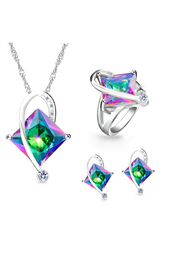 Big Square Rainbow Created Topaz Wedding Ring, Princess Cut CZ Stone Necklace and Stud Earrings Jewellery Set (Multi, Size 8) T295