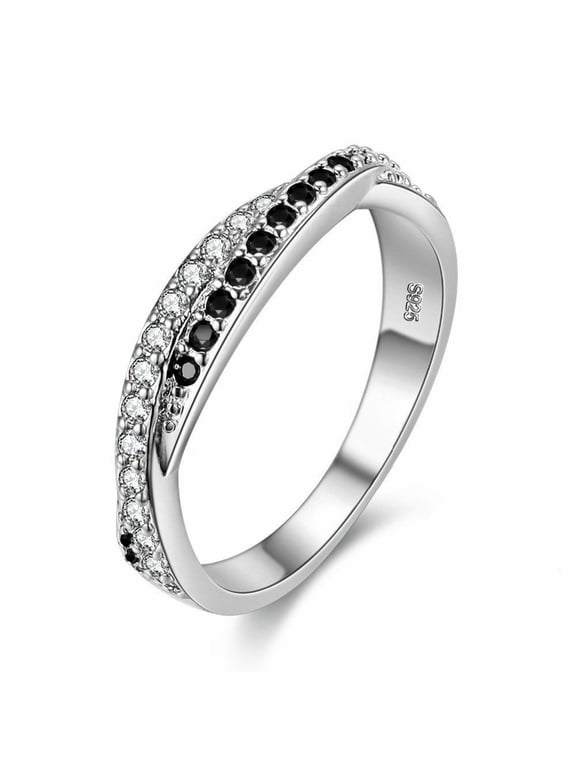 Black Cubic Zirconia Stone Crossover Infinity Ring for Women Promise Anniversary Ring Gift White Gold Plated Jewelry Ring (Size 6) Y022