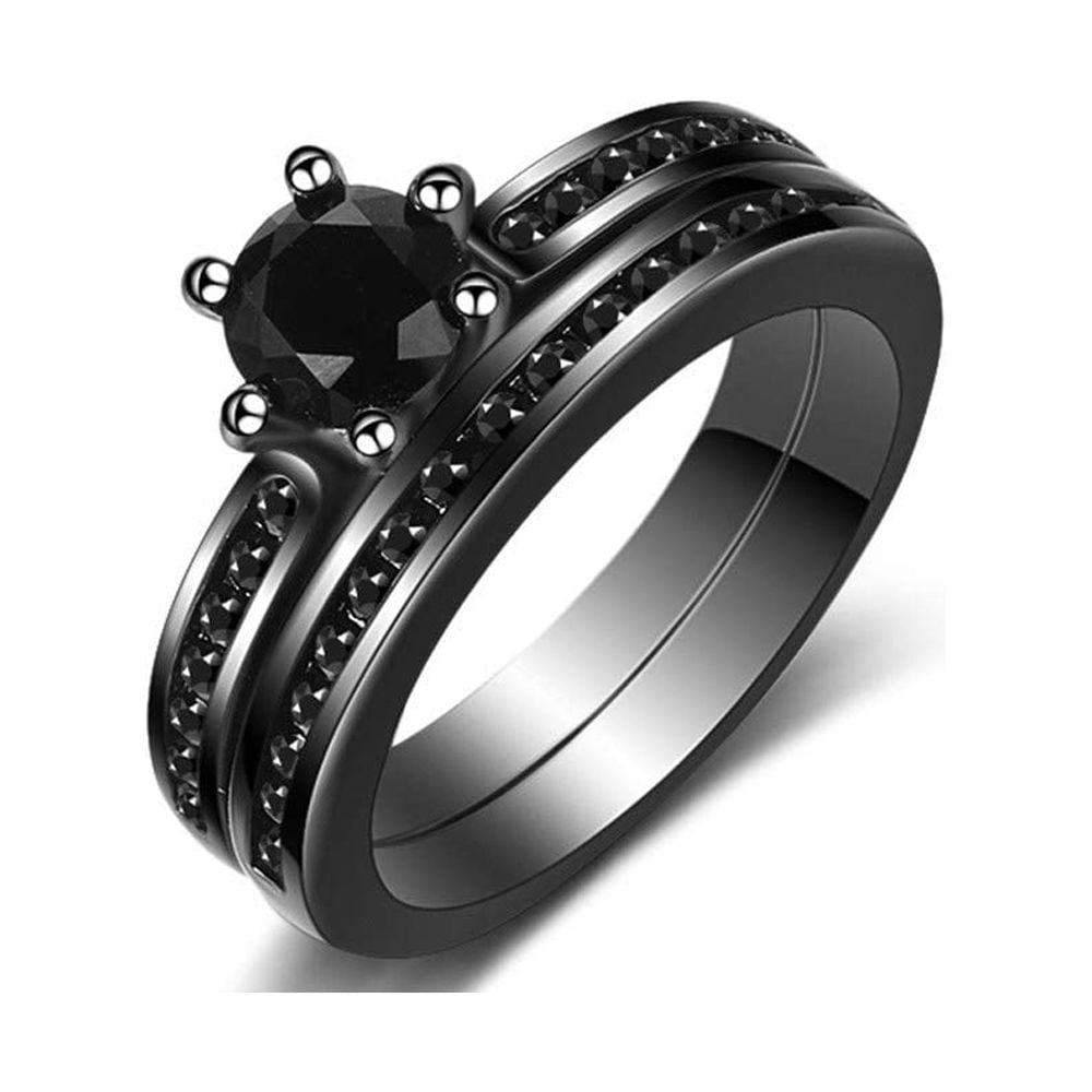 Uloveido Womens Black Wedding Rings Set Round CZ Vintage 2pcs Engagement  Ring Bridal Set Chanel Set (Size 7) 