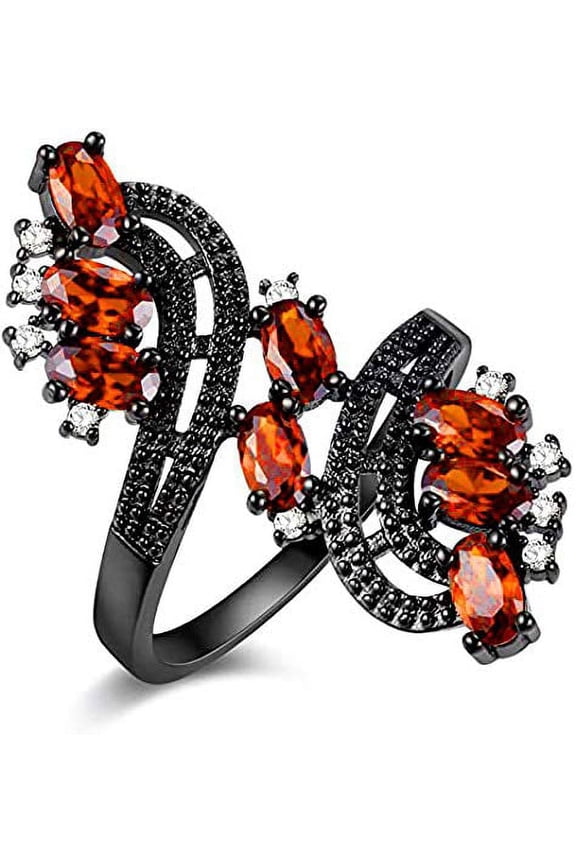 Black Gun Plated Rings Wide Flower Shaped for Women, Red Zirconia Wedding Engagement Promise Ring Fashion Jewelry (black, Size 6) J656