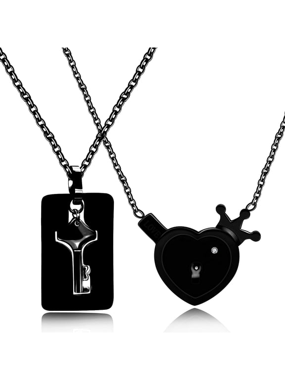 Black Stainless Steel Key Lock Pendants Necklaces Jewelry Set for Him and Her with Zircon