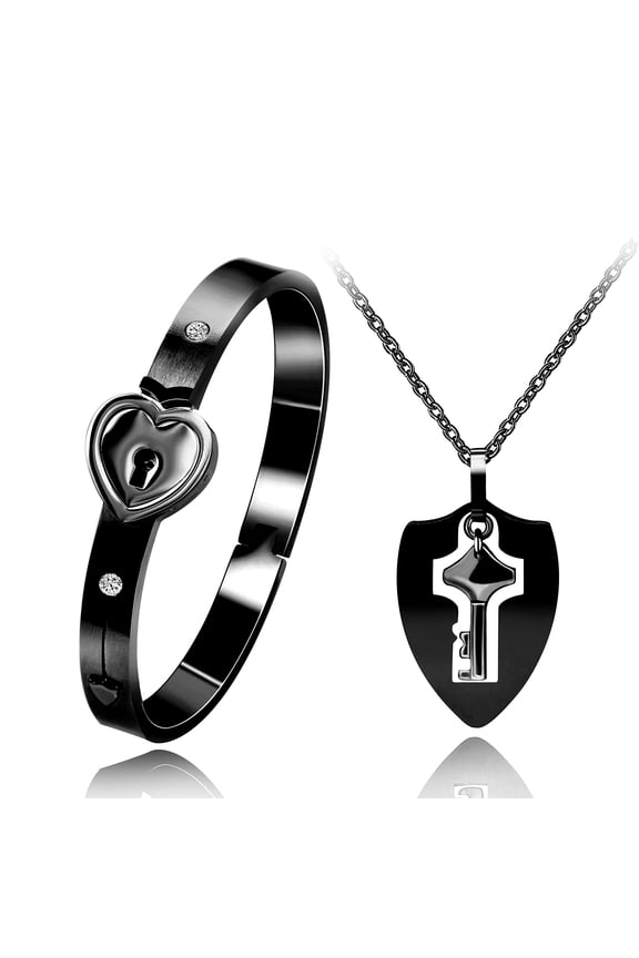 Black Steel Shield Key Pendant Necklace and Lock Bangle Bracelet You Hold the Key to My Heart Couples Valentines Gifts Y473-Black