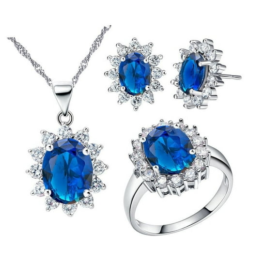 Uloveido Blue Cubic Zirconia Wedding Jewelry Set Necklace Earrings and Ring Size 6 for Women T466
