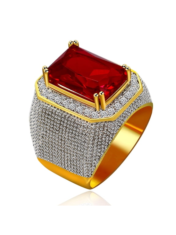 Men's Emerald Cut Big Red Cubic Zirconia Rings Wedding Promise Gold Plated Red CZ Anniversary Ring Birthday Gifts Idea for Men or Boyfriend Husband(Size 10) RA408
