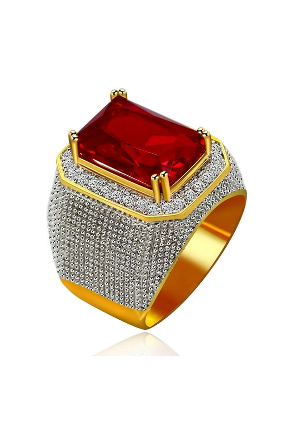 Emerald Cut Big Red Cubic Zirconia Rings Wedding Promise Gold Plated Red CZ Anniversary Ring Birthday Gifts Idea for Men or Father Husband(Size 10) RA408