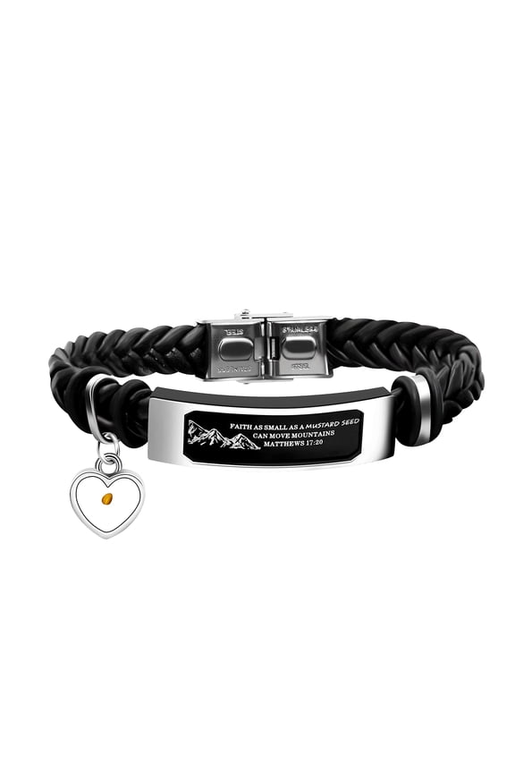 Braided Leather Bracelet for Men, Stainless Steel Bar Engraved Faith Small AS A Mustard Seed Can Move Mountains Matthews 19:20
