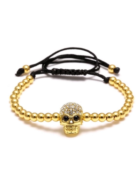 Brass Ball Skeleton Head Skull Bracelet,Punk Style Skeleton Head Cuff Bracelets (Gold)
