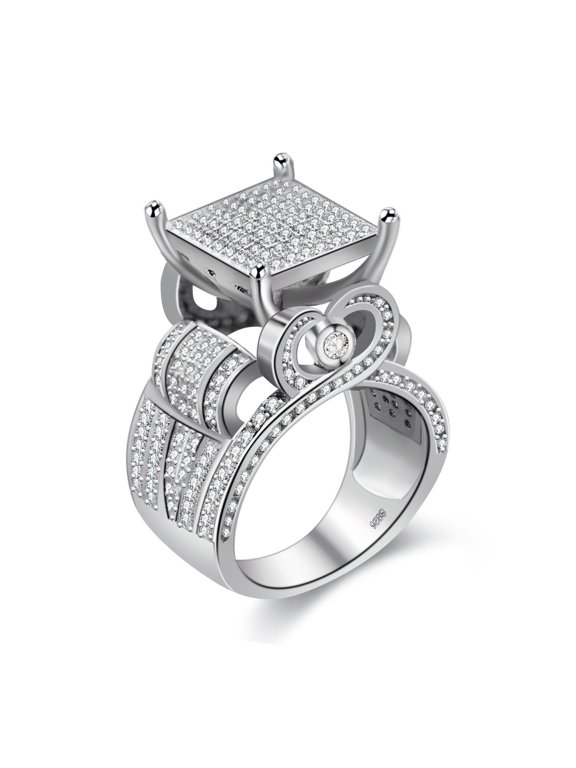 Charm Huge Square Platinum Plated White Cubic Zirconia CZ Promise Rings for Her, Wide Wedding Engagement Band Rings for Women Gift (Size 5) RA0221