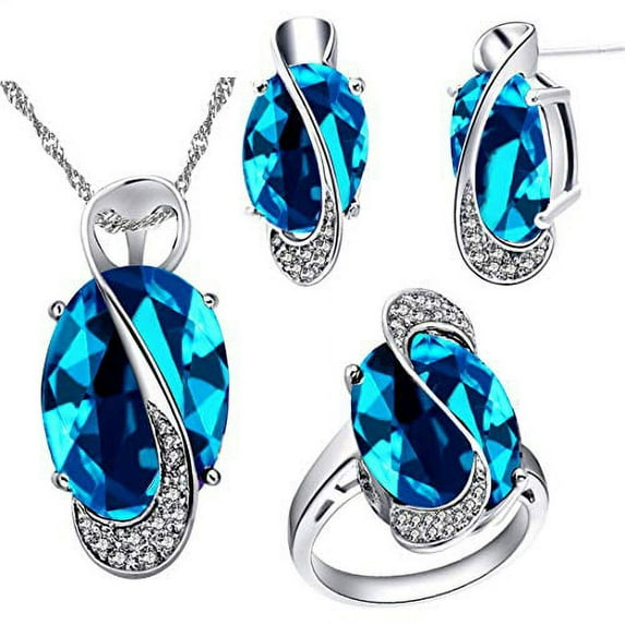 Uloveido Charm Light Blue Created Topaz Mystic Big Oval Crystal Necklace Matching Stud Earrings Rings White Gold Plated Wedding Jewelry Set (Light Blue, Size 8) T472