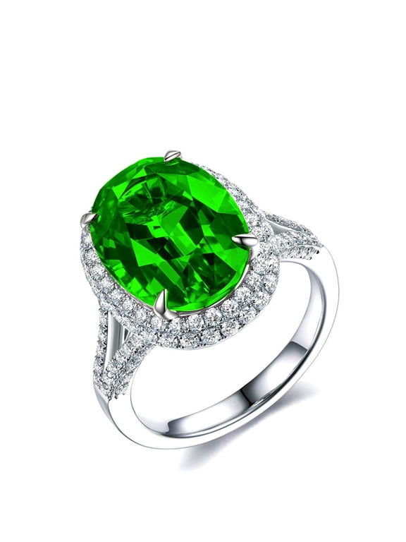 Charms White Gold Plated Big Zircon Oval Ring, Simulated Emerald Rings, Crystal Split Shank Ring May Birthstone Jewelry for Women Y927-Green…