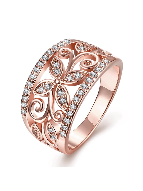 Cocktail, Cubic Zirconia Flower Butterfly Ring, Rose Gold-Plated