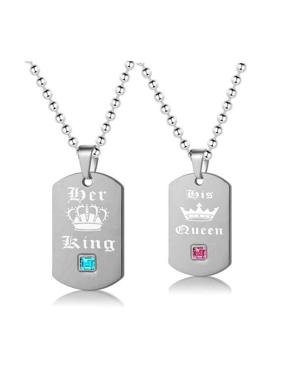 Comfort Fit Titanium Metal Color Square Dog Tag Military Couple Necklaces Set for Women Men His Queen Her King Pair Necklace (White Pairs/King Queen) SN155
