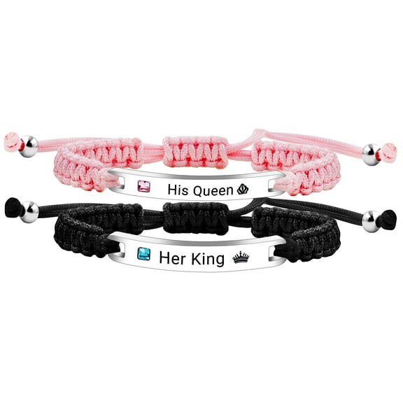Uloveido Couples Bracelets Set - His Queen Her King Relationship Bracelets - Handmade Briaded Pink Black String Stainless Steel ID Plate Bracelets for Men and Women Y3941