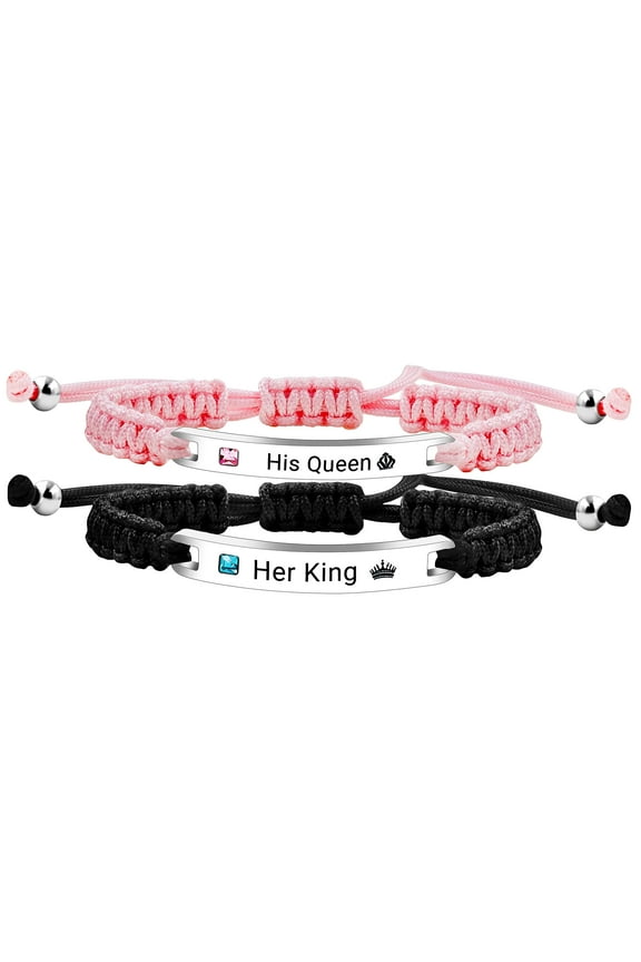 Couples Bracelets Set - His Queen Her King Relationship Bracelets - Handmade Briaded Pink Black String Stainless Steel ID Plate Bracelets for Men and Women Y3941
