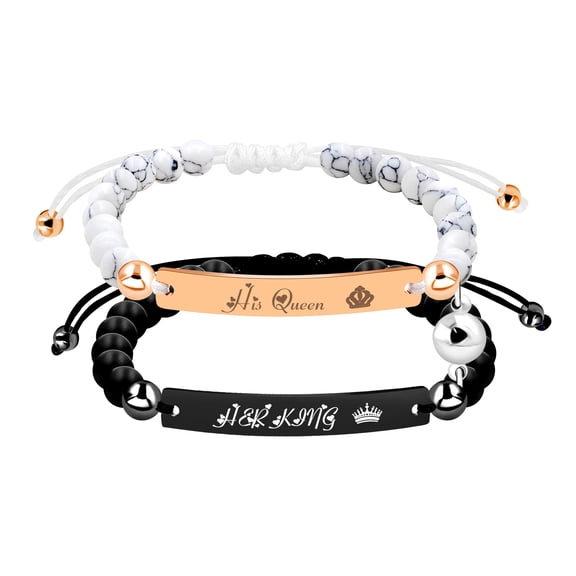 Uloveido Couples Bracelets Set Natural White Turquoise & Matte Black Onyx Stainless Steel, 2 Set