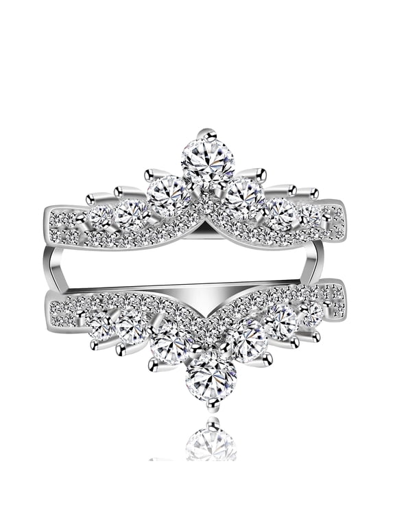 Created Moissanite Crown Inspired Half Halo Wedding Ring Guard Enhancer Platinum Plated Engagement Ring (Size 7)