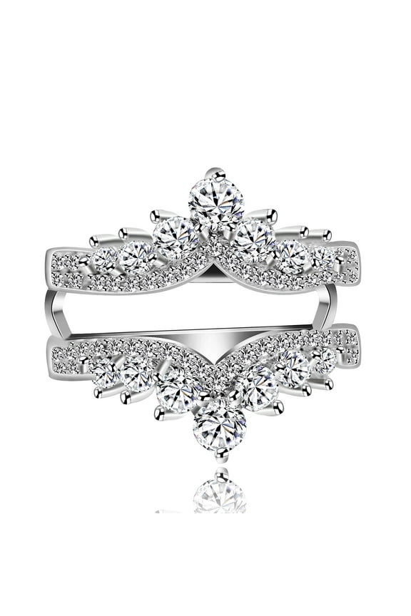 Created Moissanite Crown Inspired Half Halo Wedding Ring Guard Enhancer Platinum Plated Engagement Ring (Size 7)