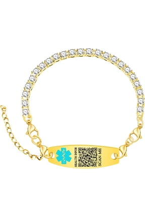 Customizable QR Code Medical Alert Tennis Bracelet, Silver and Gold Color Options, Personalized Engraved Health ID Jewelry, Scannable Emergency Contact Wristband for Women