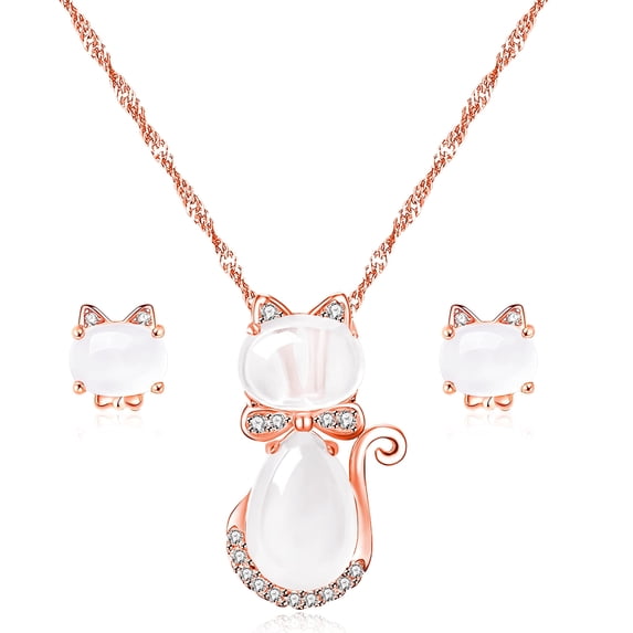 Uloveido Cute Cat Shape Pink CrystaL Studs Earrings and Pendant Necklace for Women (Y404-White Cat Set)