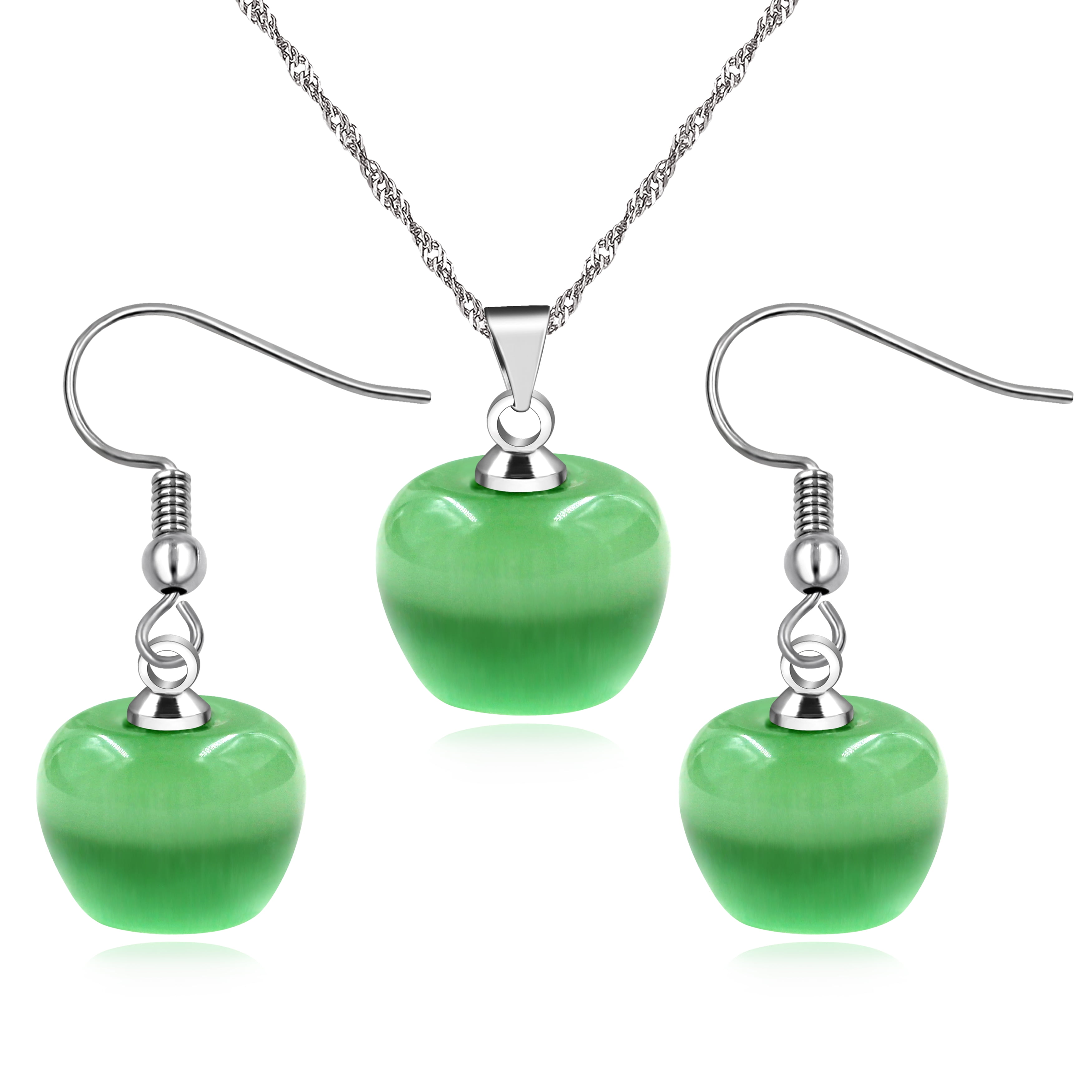 Uloveido Cute Fruit Light Green Crystal Apple Jewelry Set Dangle Earrings and Pendant Necklace Set for Women Teacher Girls Birthday YL007 SET