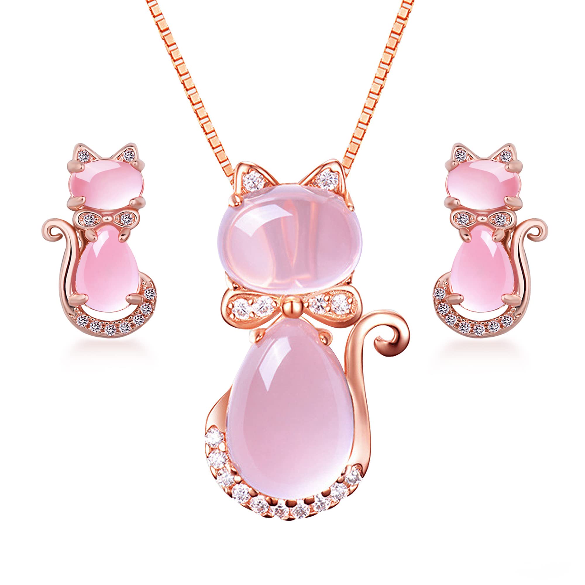 Uloveido Cute Rose Gold Plated Pink Cat Pendant Necklace and Stud Earrings Ross Stone Jewelry Set for Teen Girls Y3076, Girl's, Size: One Size