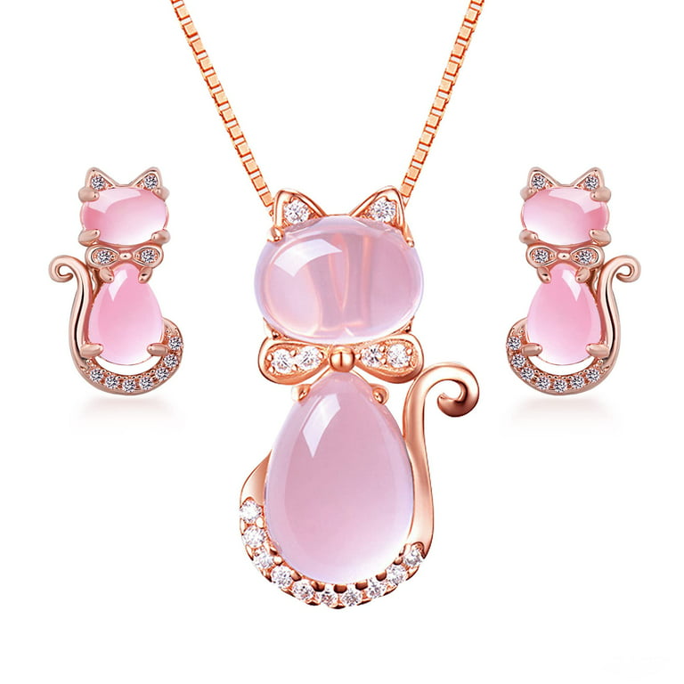 Uloveido Cute Rose Gold Plated Pink Cat Pendant Necklace and Stud Earrings Ross Stone Jewelry Set for Teen Girls Y3076, Girl's, Size: One Size