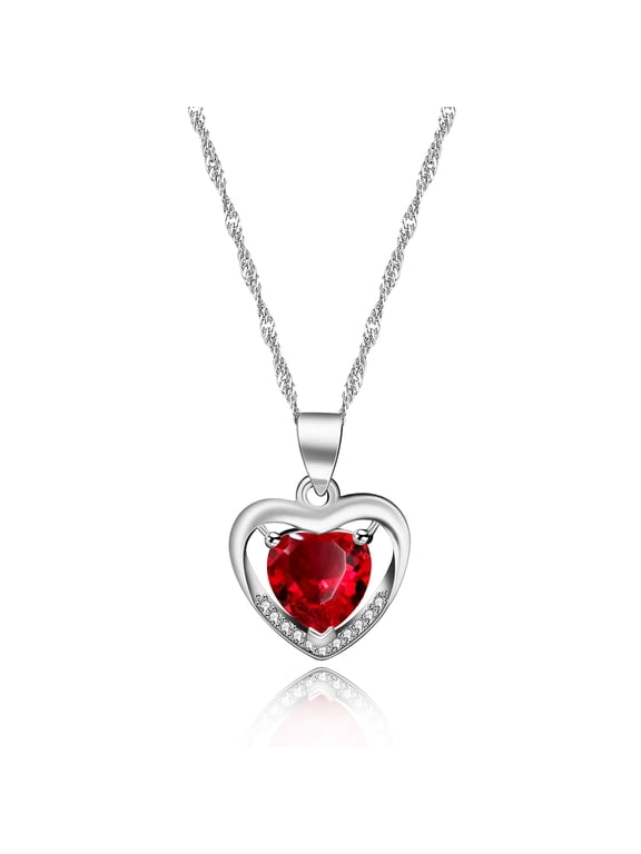 Dainty Double Heart Pendant Necklace, Birthstone Heart Necklaces for Women, Valentines Gifts for Mom Daughter Girlfriend (Red)