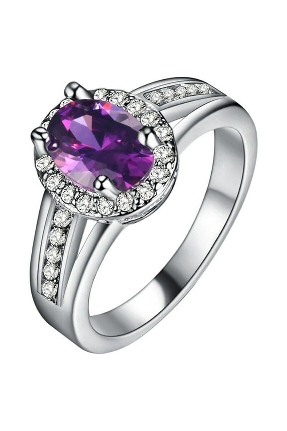 Dainty Oval Shape Purple Cubic Zirconia Wedding Promise Rings High Polished Platinum Plated Brass Jewelry Size 7 PJ142
