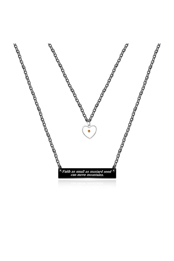 Double Statement Heart Mustard Seed Black Stainless Steel Pendant Necklace for Women Y1251, Faith as Small as Mustard Seed can Move Mountains Y1251