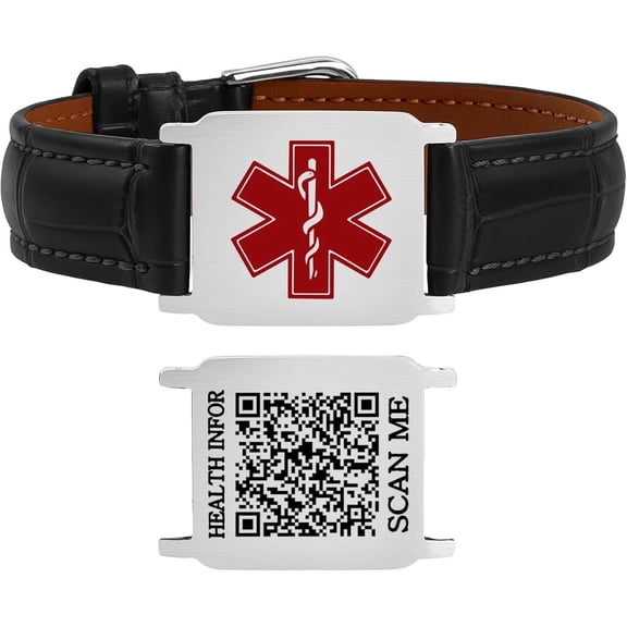Uloveido Dynamic QR Code Medical Alert Bracelet for Men & Women, Genuine Leather Adjustable Medical ID Bracelet with Stainless Steel Plate, Scan to Update Emergency Info, No Engraving Required