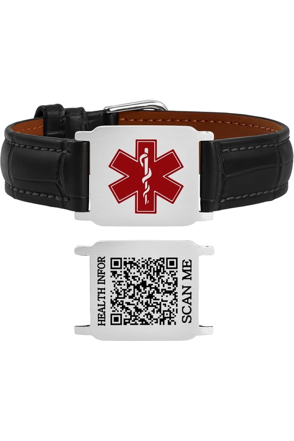 Dynamic QR Code Medical Alert Bracelet for Men & Women, Genuine Leather Adjustable Medical ID Bracelet with Stainless Steel Plate, Scan to Update Emergency Info, No Engraving Required