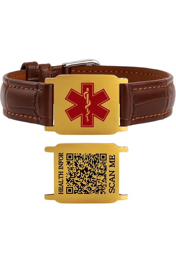 Dynamic QR Code Medical Alert Bracelet for Men & Women, Genuine Leather Adjustable Medical ID Bracelet with Stainless Steel Plate, Scan to Update Emergency Info, No Engraving Required