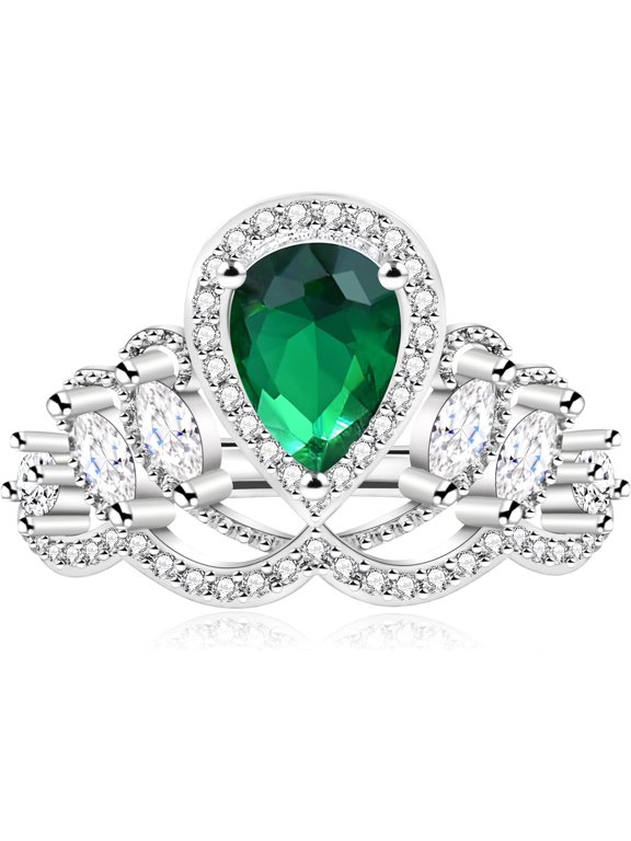 Elegant Pear-Shaped CZ Princess Crown Tiara Rings Engagement for Women, Silver Color Teardrop Cocktail Statement Ring Adjustable